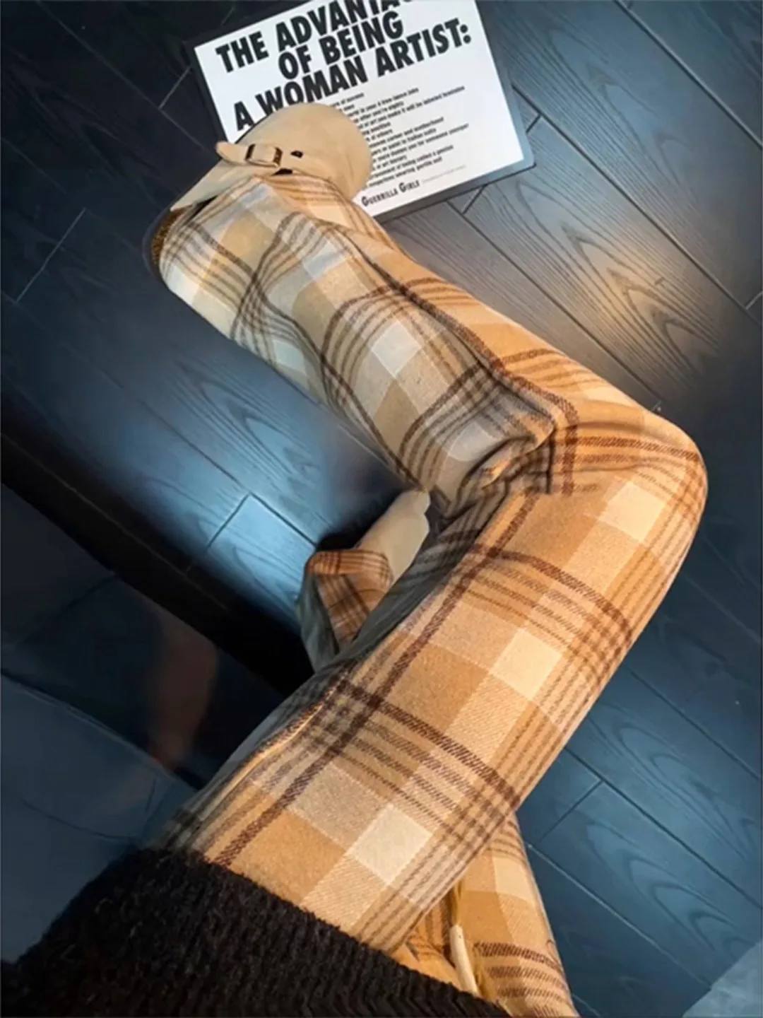 Khaki Plaid Woolen Trousers Men's Winter American Sle Heavyweight Fce Lined Straight Leg Pants Cleanfit Casual Flared