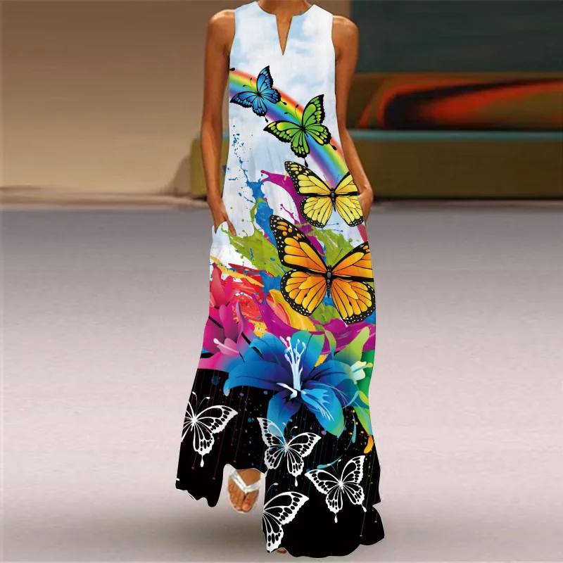 High-End Summer Women's Fashion Sexy Digital Printed V-neck Sleeveless Maxi Dress Pocket Dress S-5XL