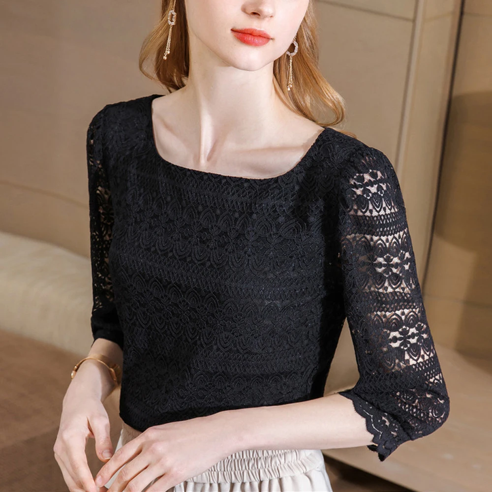 

Square Collar Half Sleeve T Shirt Women Sexy Hollow Out Knit Shirts Black Slim Crochet Patchwork Tee Tops Lady Lace Blouse S-3XL