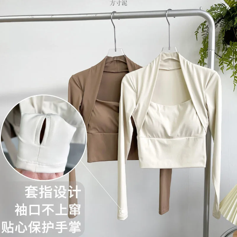 

Fitness Chest Cushion Sports Top Women Long Sleeve Shirts Pra Speed Up Short Elegant Dance Yoga Clothes Small Waistband Gym