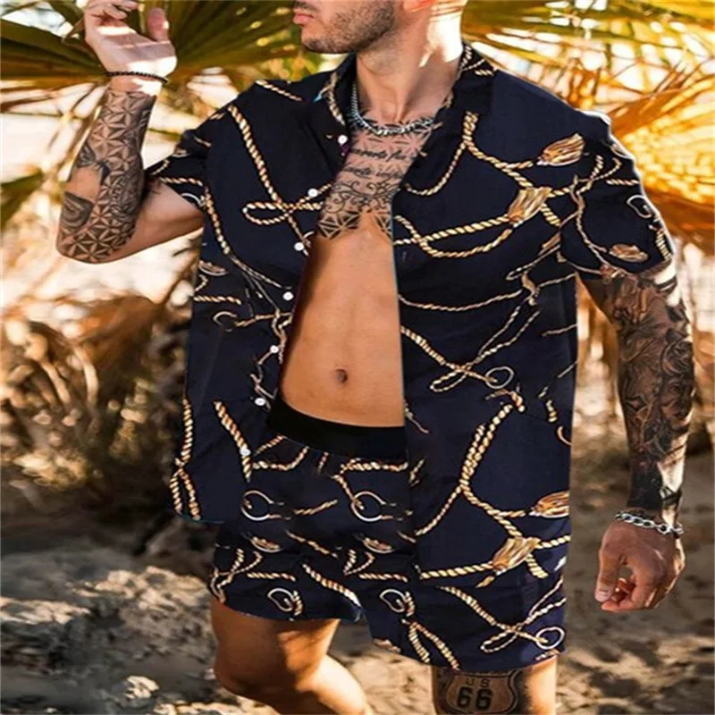 Beach Summer Fashion Printed Shorts Short Sleeve Collar Cardigan Top Shirt Casual Loose Drawstring Shorts Men