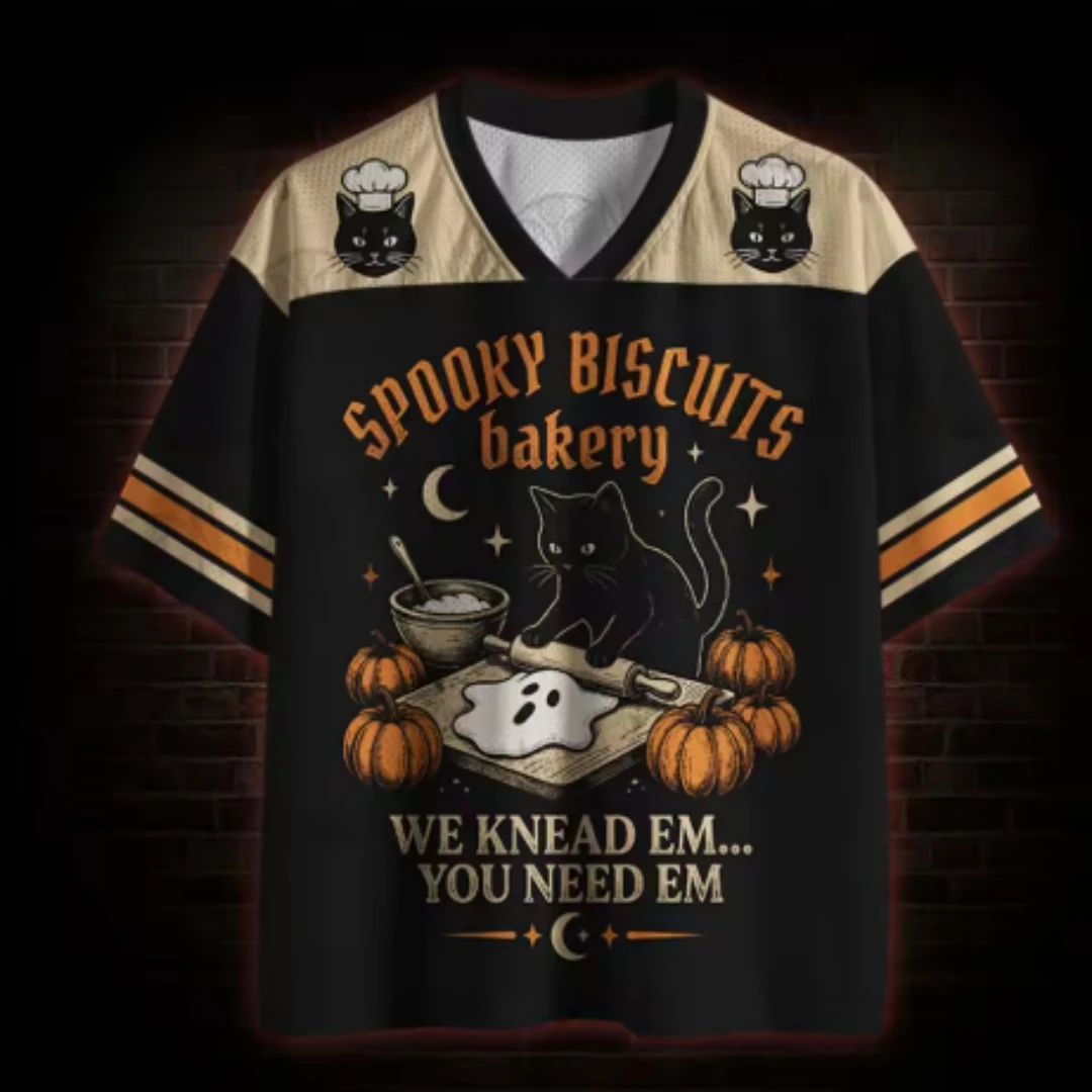 Halloween Black Cat Baking Mesh Jersey Little Black Cat Rubbing Ghost Biscuits Retro Funny Halloween Style Loose Casual T-shirt