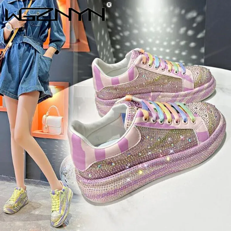 New 2023 Autumn Women Street Style Platform Shoes Rhinestones Thick-soled Shoes Shining Crystal Sneakers Trend Casual Sneakers