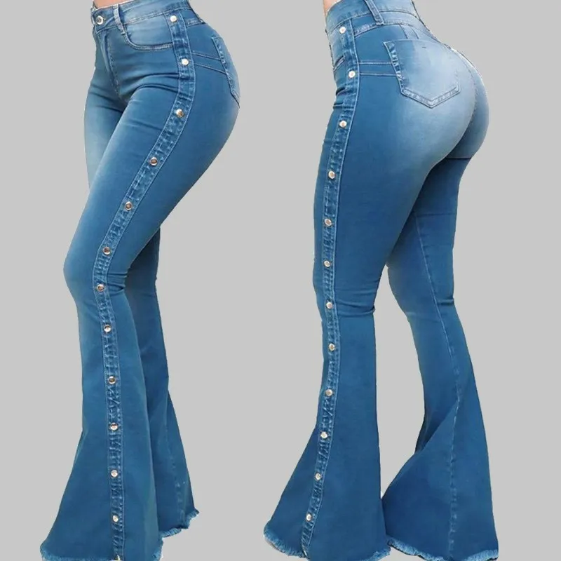 

2023 New Women Clothing High Street Fashion Casual High Waist Slim Fit Slim Pants Women Elastic Jeans with Studded Beads
