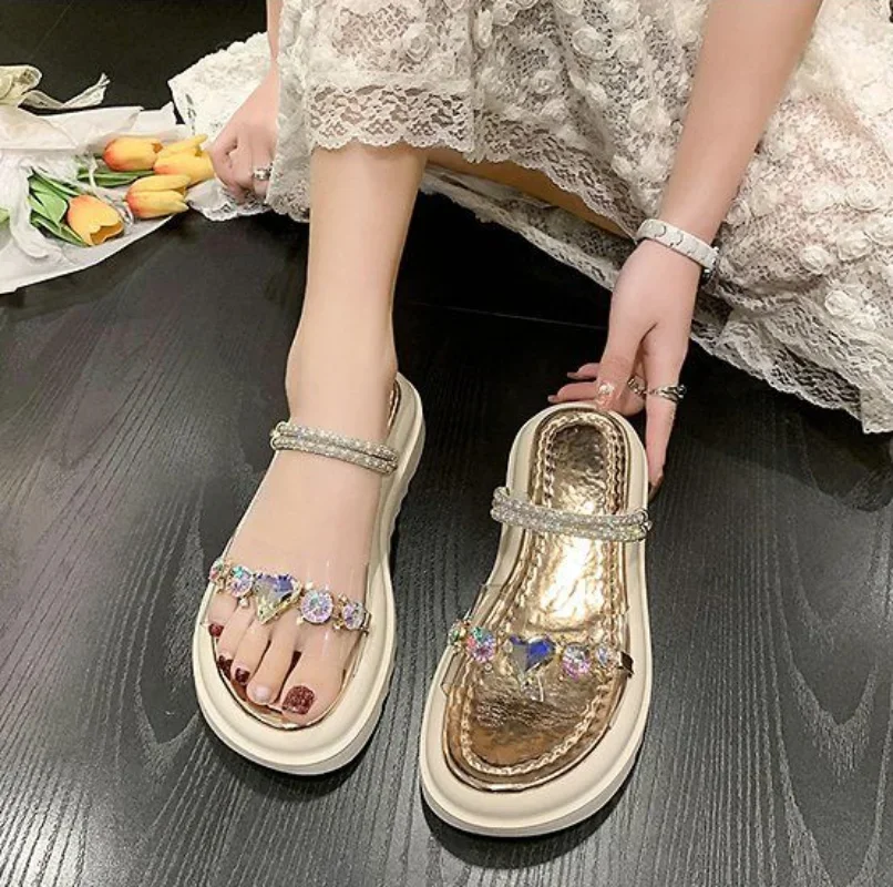 Outdoor Transparent Footwear Diamond Sandals for Women Slippers Platform Ladies Shoes Summer 2024 Gold Asian Size Vip Sale Korea