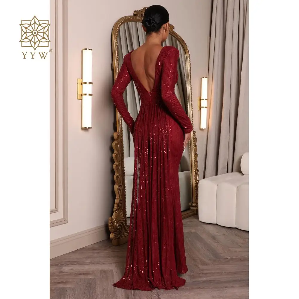 Wine Red Long Evening Dress Glitter Sequin Sexy Backless Evening Wedding Party Dresses Mermaid Long Sleeves Tassel Formal Dress