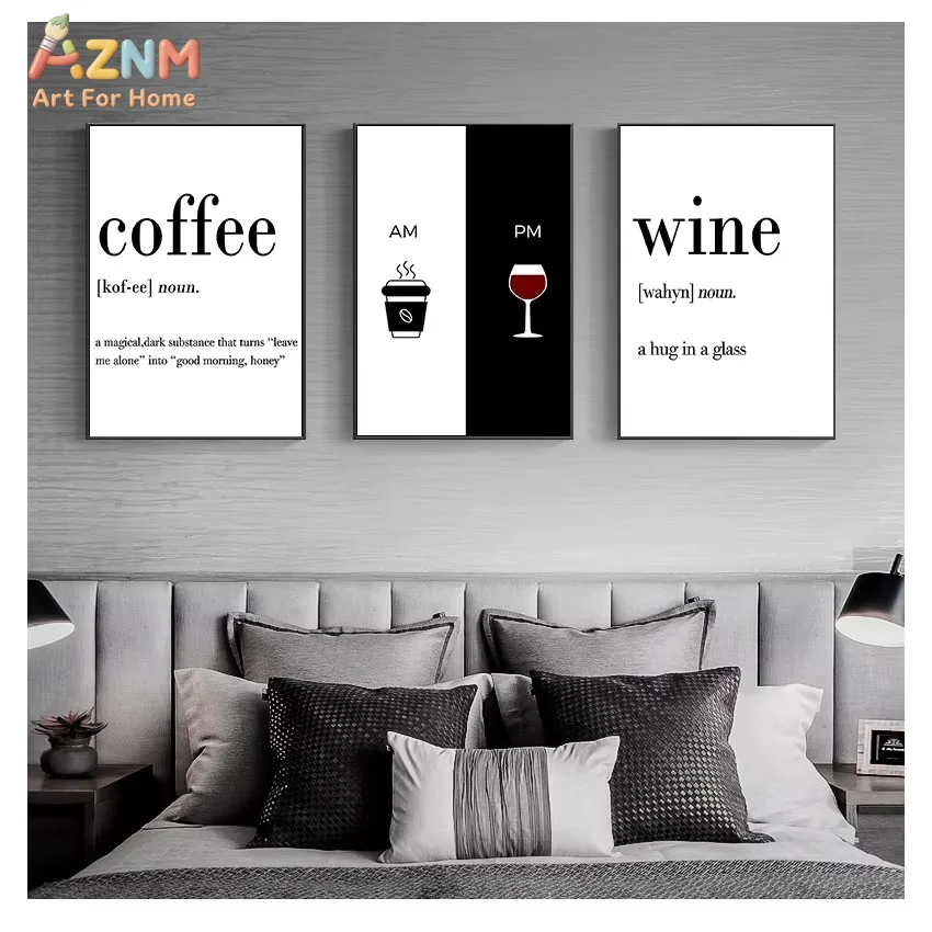 AZNM Black White Coffee Wine Quote Canvas Wall Art AM PM Drink Typography Print Unframed Canvas Painting for Kitchen Bedroom Bar