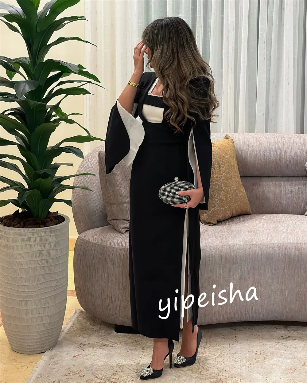 Customized High Quality Jersey Pleat A-line Square Neck Midi Dresses Cocktail  Exquisite Chinese Style Formal Classic Elegant