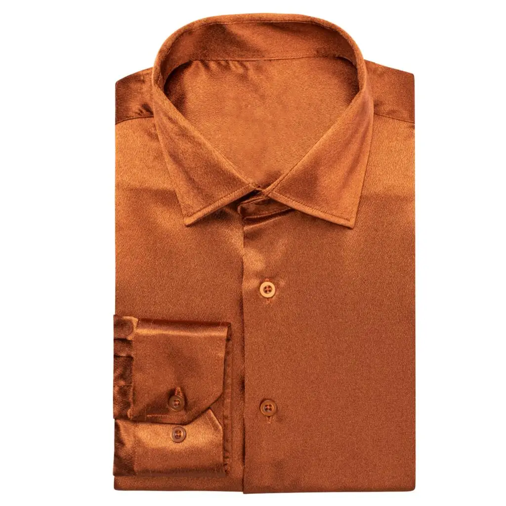 

Hi-Tie Brown Orange Silk Satin Mens Shirts Lapel Collar Solid Long Sleeve Social Dress Shirt Soft High Quality Blouse for Male