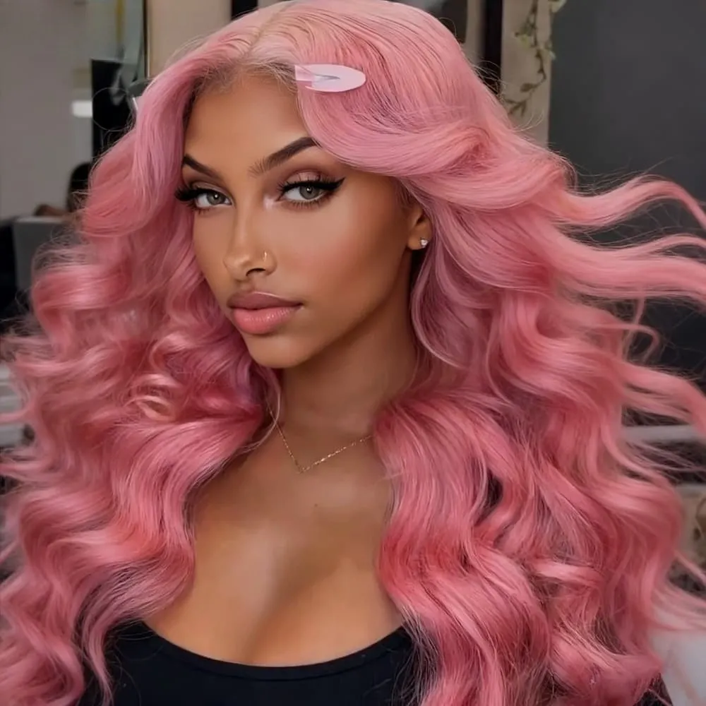 

Розовый парик с волнистыми локонами и кружевной передней частью для повседневного использования, 13x4 HD, из натуральных волос, плотность 200%, с детским волосом, для женщин