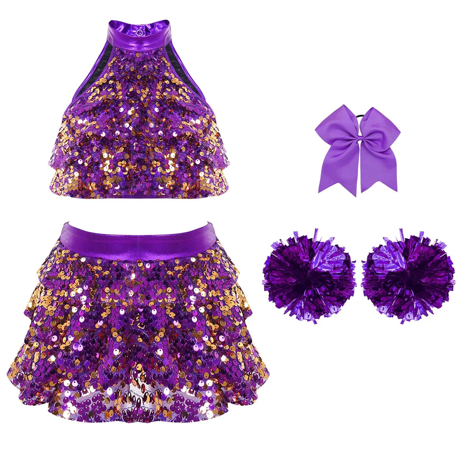 Kids Girls Jazz Dance Outfits Cheerleading Costume Children's Dancewear Set Shiny Sequins Tiered Crop Top with Ruffled Culottes