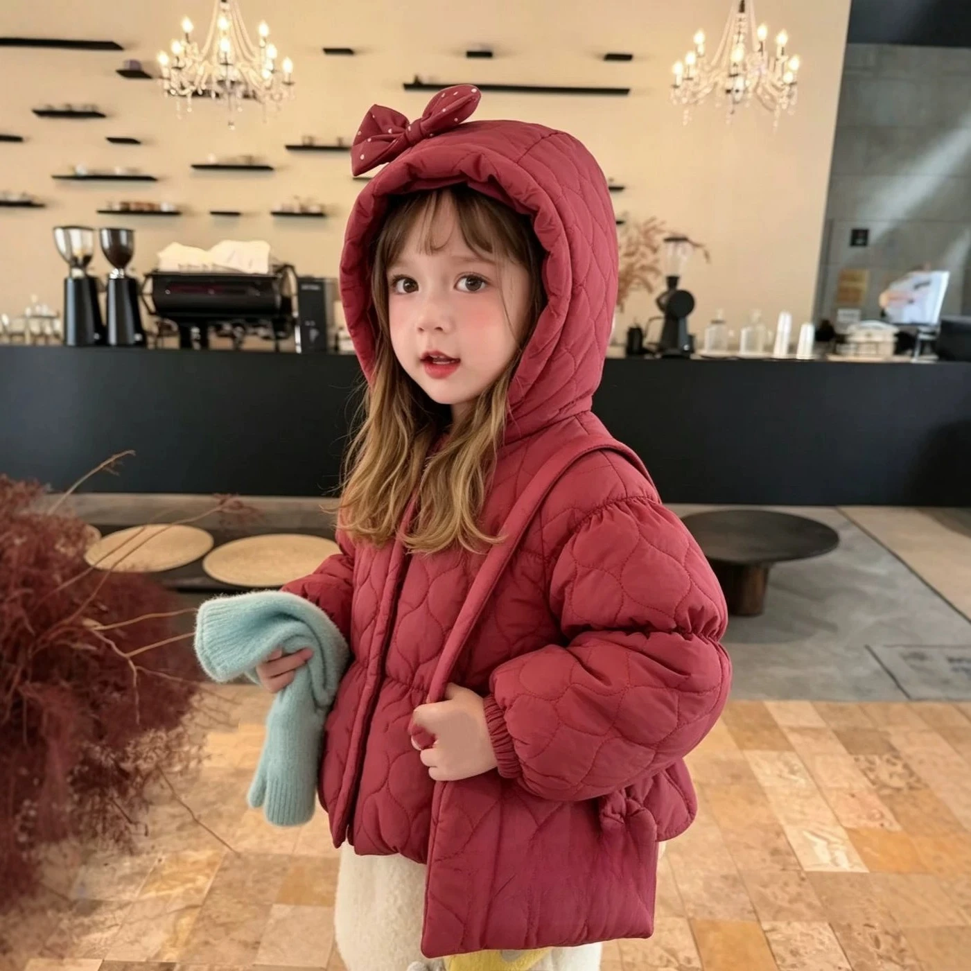 Kids Girls Jacket Cartoon Bow Knot Quilted Faux Cute Fur Lining Warm Padded Coat Padded Jacket Winter