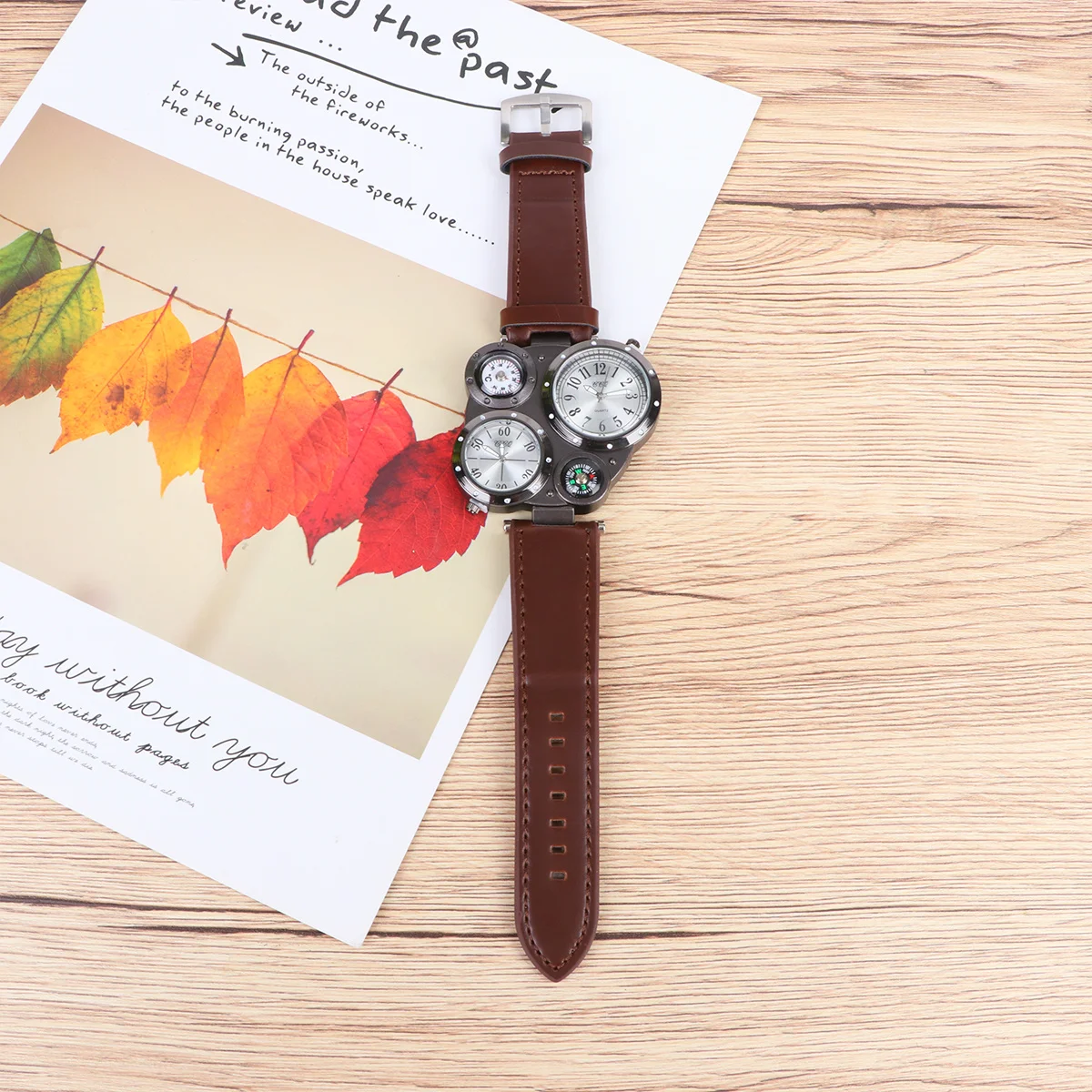 

Multi-Dial Double Movement Quartz Sports Wrist Watch Black Case Deep Coffee Band Men Outdoor Hiking Compass Thermometer