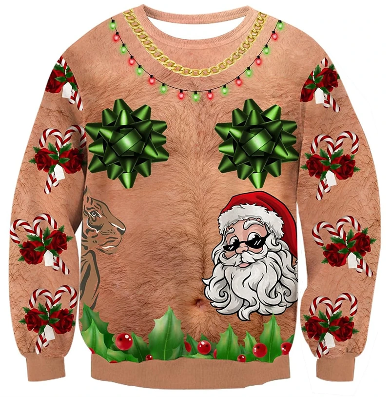 Funny Body Pattern Christmas Sweatshirts Fashion Trend Mens 3D Printed Crew Neck Hoodies Loose Streetwear Catch Eyes Pullovers