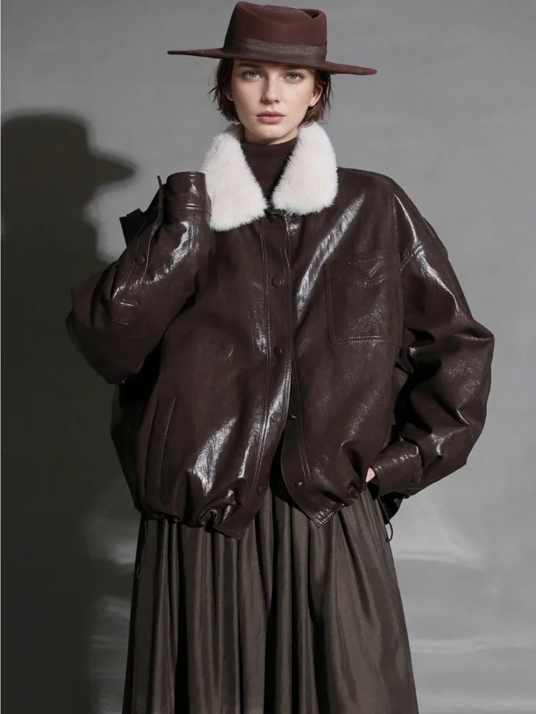 Women High Quality Mink Fur Lapel Collar Real Sheepskin Down Jacket Autumn Winter Single Breasted Loose Goose Down Coat Warm