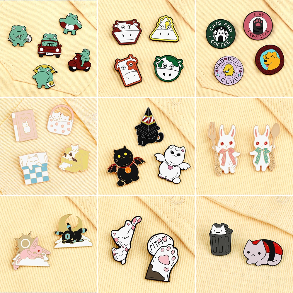 2-5Pcs/Set Cute Animal Enamel Pins Cat Dog Duck Frog Cow Brooches for Women Men Clothes Collar Demin Badges Lapel Pin Jewelry