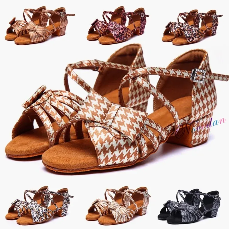 

2023 New Bow knot Leopard Pattern Girls Children/Kids BallroomTango Salsa Latin Dance Shoes For Women Ladies Low Heel 3.5cm