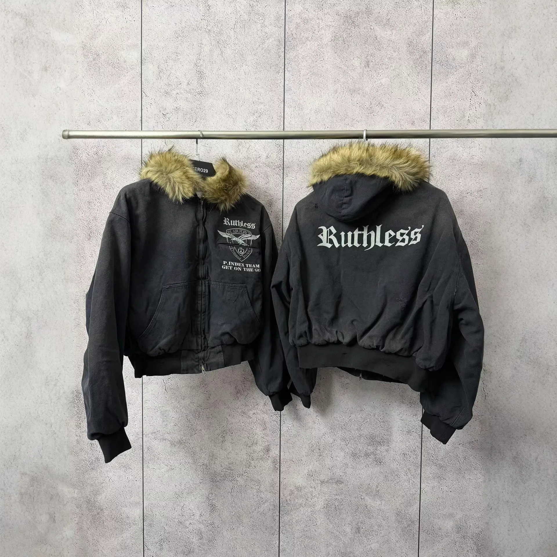 

Grailz detachable fur collar gradient washed vintage letter print retro jacket coat for men and women Project G/R