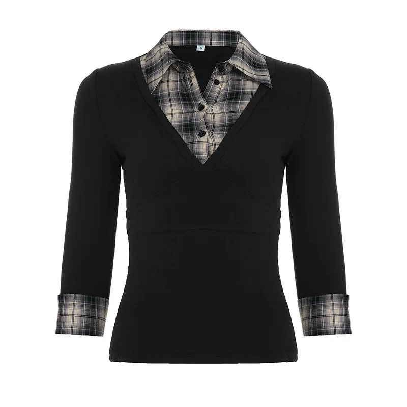 

College Style T-shirt For Women 2025 New Slim Fit And Versatile, Contrasting Color Checkered Splicing Short Top
