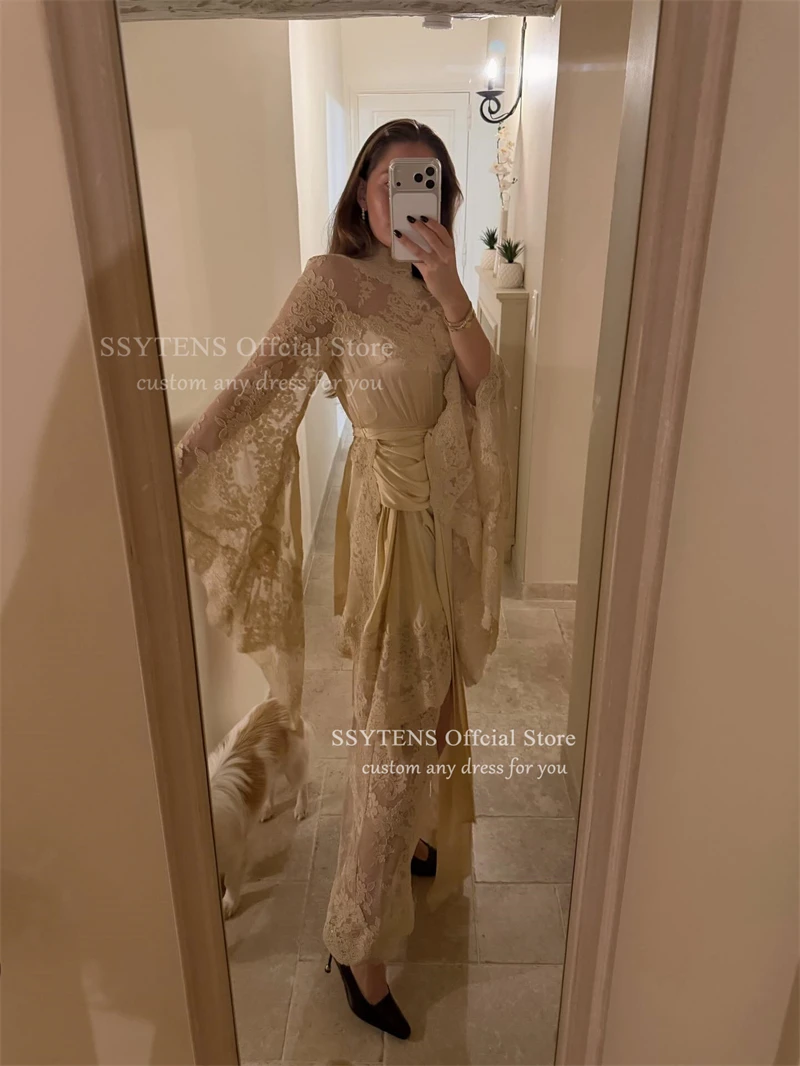 ชุดราตรีสีเหลืองแบบสั่งตัด SSYTENS ชุดเดรสลูกไม้สำหรับงานพรอม แขนยาว สง่างาม vestidos de noiva ชุดราตรีงานเลี้ยงแบบสั่งตัด