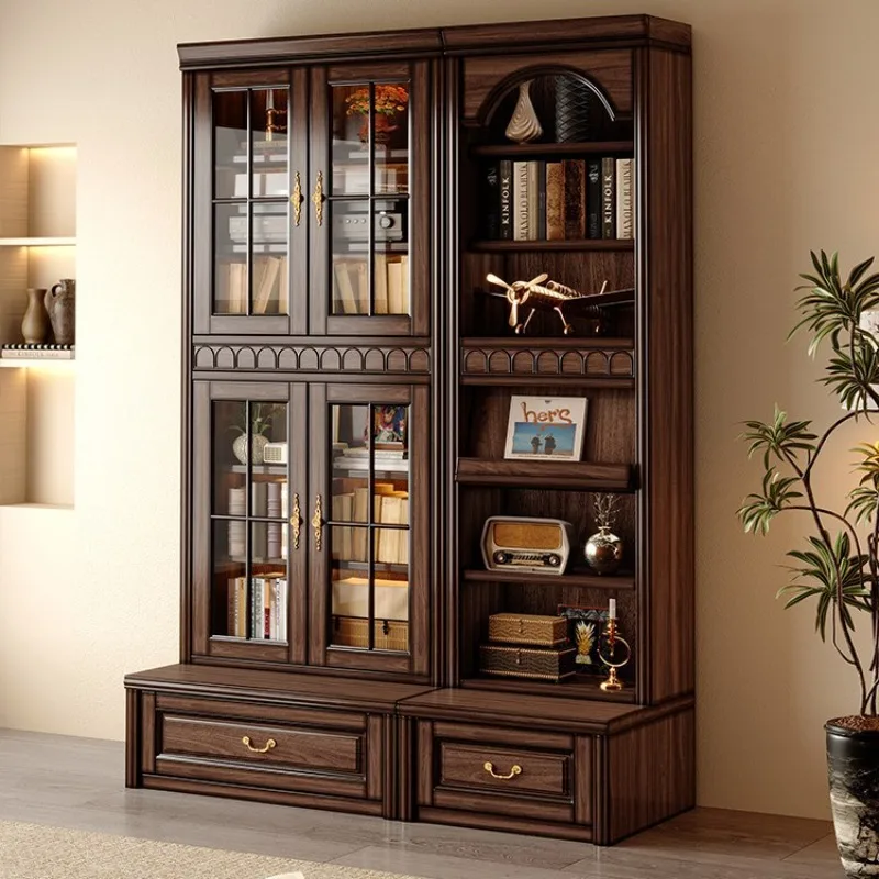 

Black walnut solid wood bookcase integrated whole wall American medieval study card seat bookcase full wall with glass door