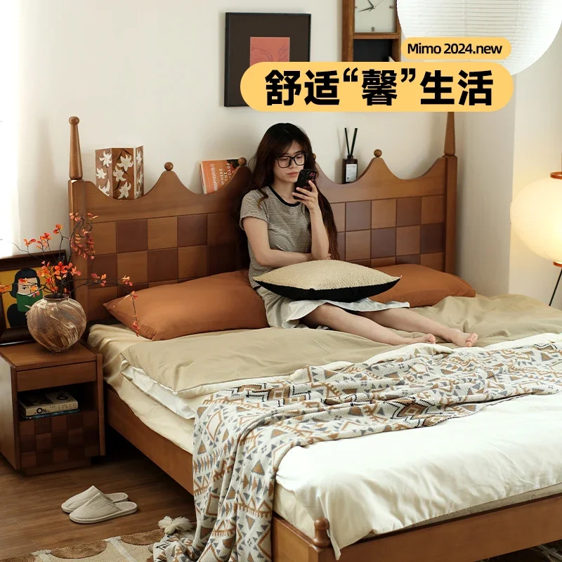 Solid wood suspension bed, home 2025 new model, master bedroom double 1.5/1 retro, bedroom bed small apartment