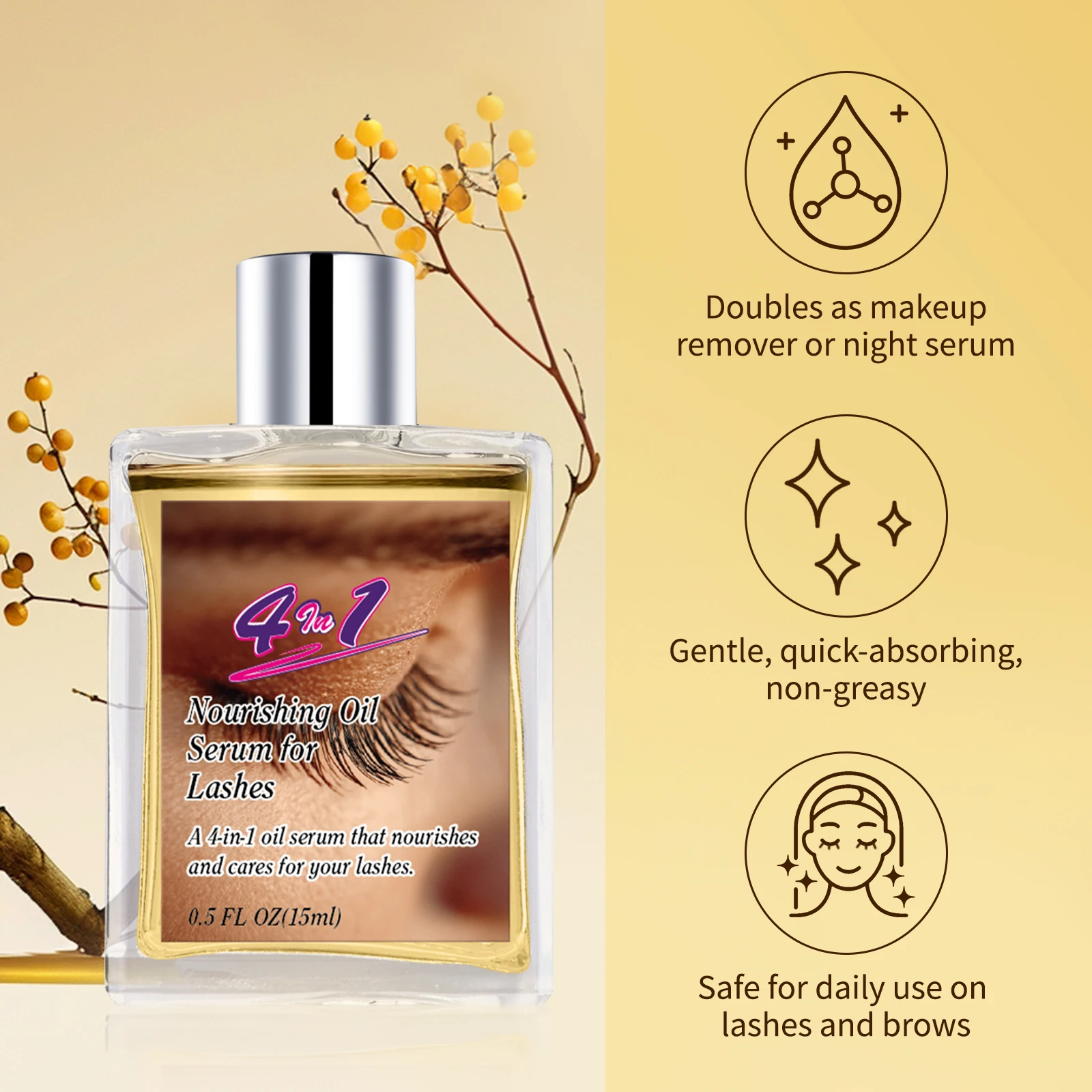 Siero olio per la crescita delle ciglia 4 in 1 15 ml - Ipoallergenico e oftalologo testato, nutriente naturale per ciglia per occhi sensibili