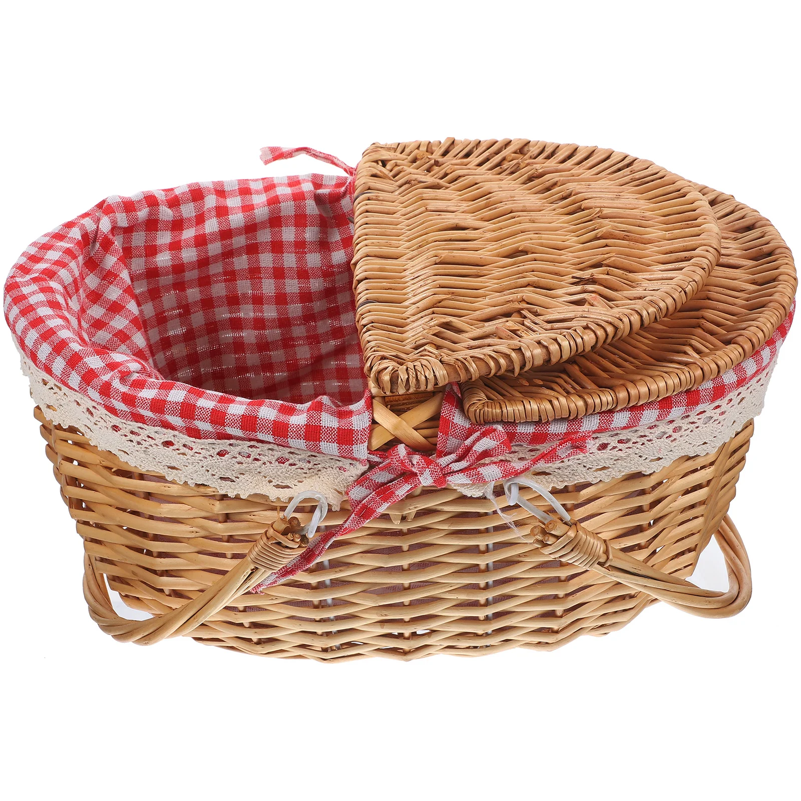 

Rustic Picnic Basket Wicker Woven Storage Basket Double Handles Lid Portable for Outdoor Camping Picnic Fruit Vegetable Storage
