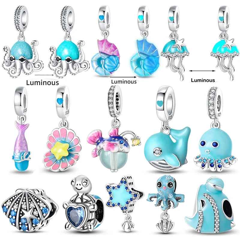 

925 Sterling Silver Ocean Luminous Sea Turtle Dolphin Octopus Charms Beads Fit Pandora Original Bracelets DIY Jewelry making