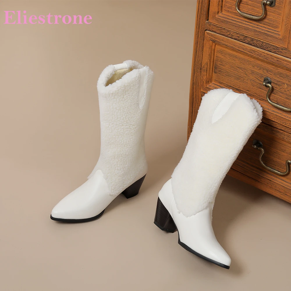 

2025 Winter New Mature White Apricot Women Mid Calf Riding Boots 5cm Med Heels Lady Dress Shoes Plus Big Size 11 43 45 47