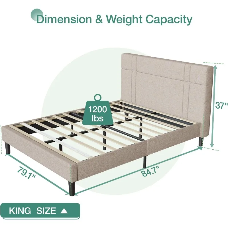 Bed Frame with Upholstered Headboard and Wood Slat Support, King Bed Frame No Box Spring Needed