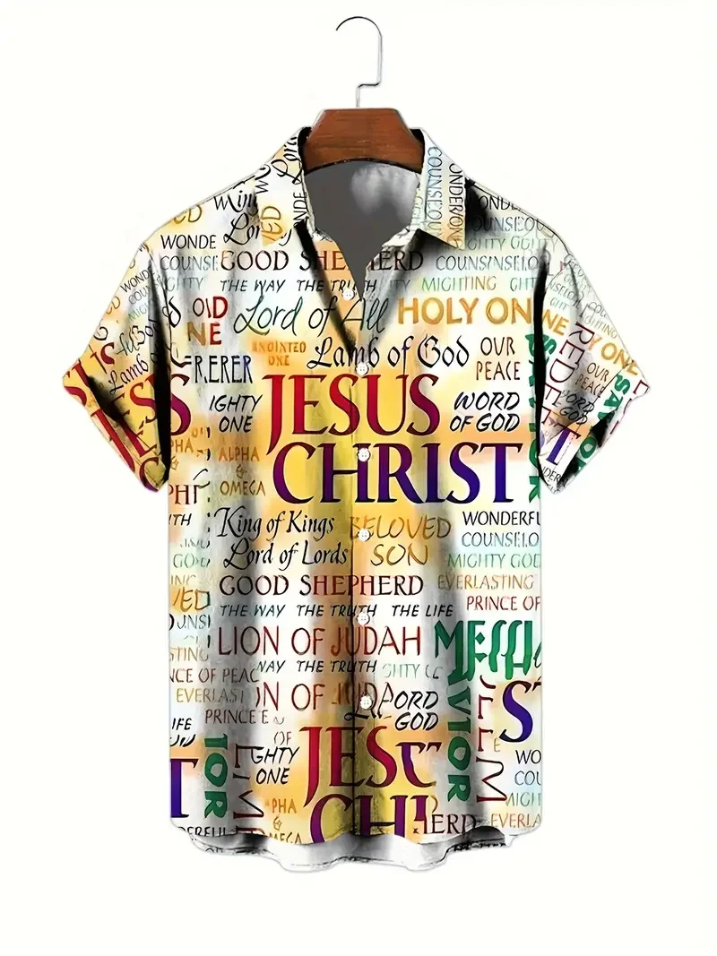 رجل الصيف قميص هاواي صيفي رسالة يسوع الإيمان ثلاثية الأبعاد طباعة قمصان الرجال النساء موضة قصيرة الأكمام زر الشاطئ قميص البلوزات الاجتماعية #3