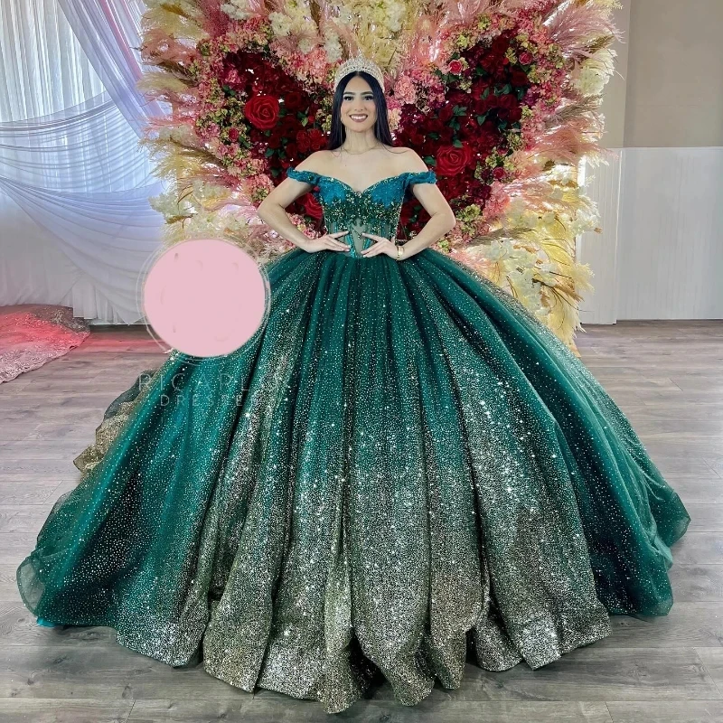 

Luxury Green Shiny Quinceanera Dress Off Shoulder Beads Tull Sweet 16 Ball Gown Dress Vestidos 15 De XV Años Brithday