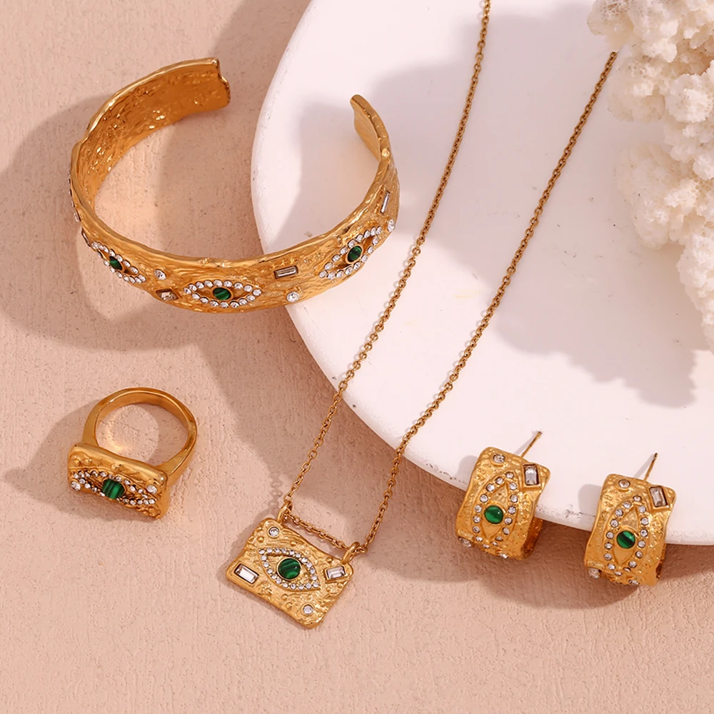 MamacitaSlay Vintage Malachite Evil's Eye Rhinestone Hoop Earrings Bracelet Rings Necklace Stainless Steel Jewelry For Women image 5