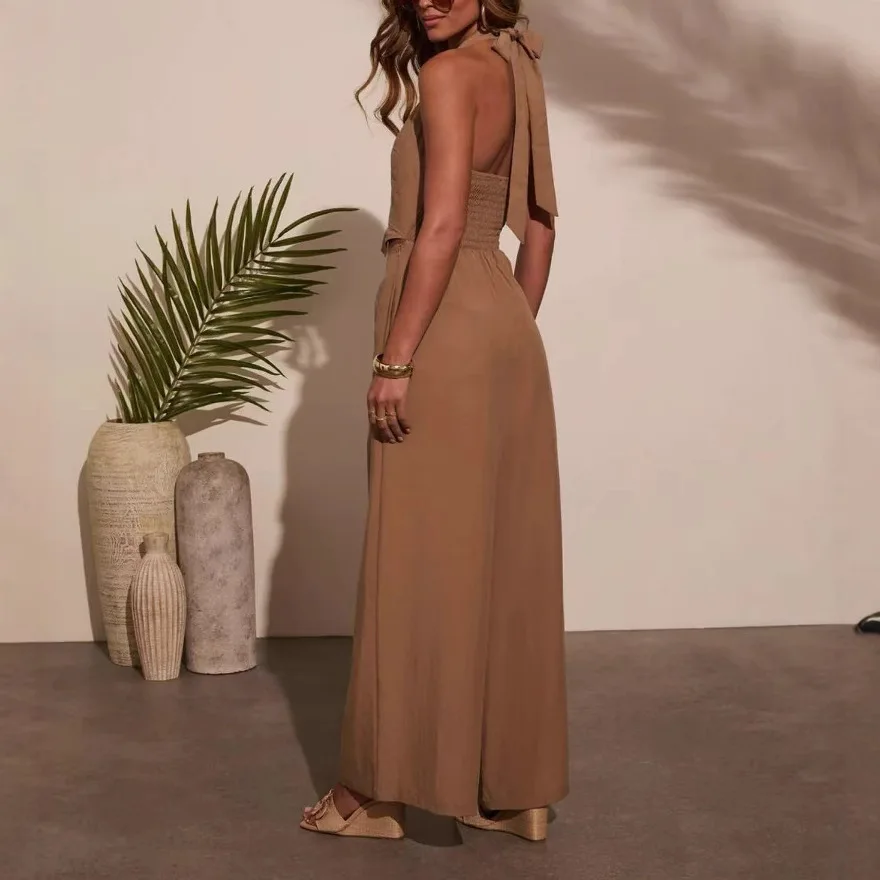 Tren Fashion Wanita Musim Semi/Panas 2025, Jumpsuit Celana Kulot Tanpa Lengan Warna Solid Bahan Linen