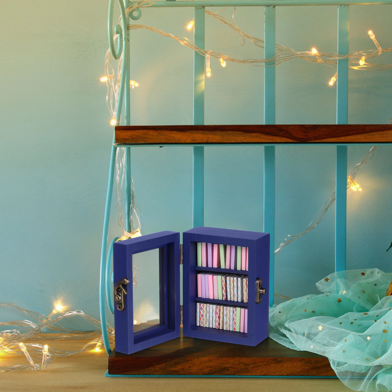 

Realistic Mini Wooden Bookshelf Tiny Miniature Decorative Display Shelf for Dollhouse Functional Door Sturdy Pocket for Mini