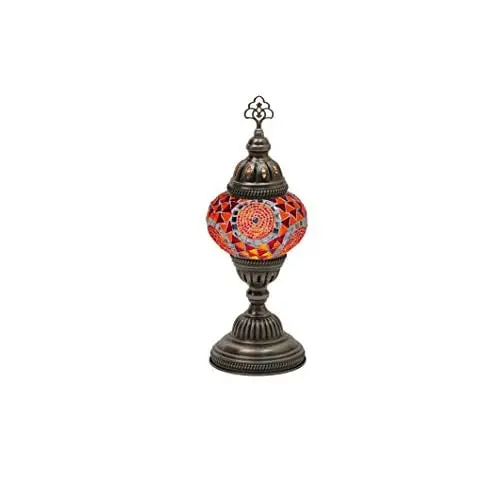 LaModaHome English Moroccan Handmade Mosaic Glass Table Lamp Light with Decorative Dark Copper Fixture for Bedroom, Livingroom a