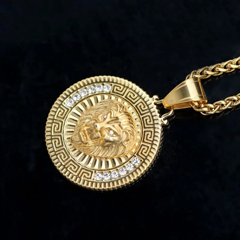 

Stainless steel color preserved gold-plated zircon lion head men's pendant