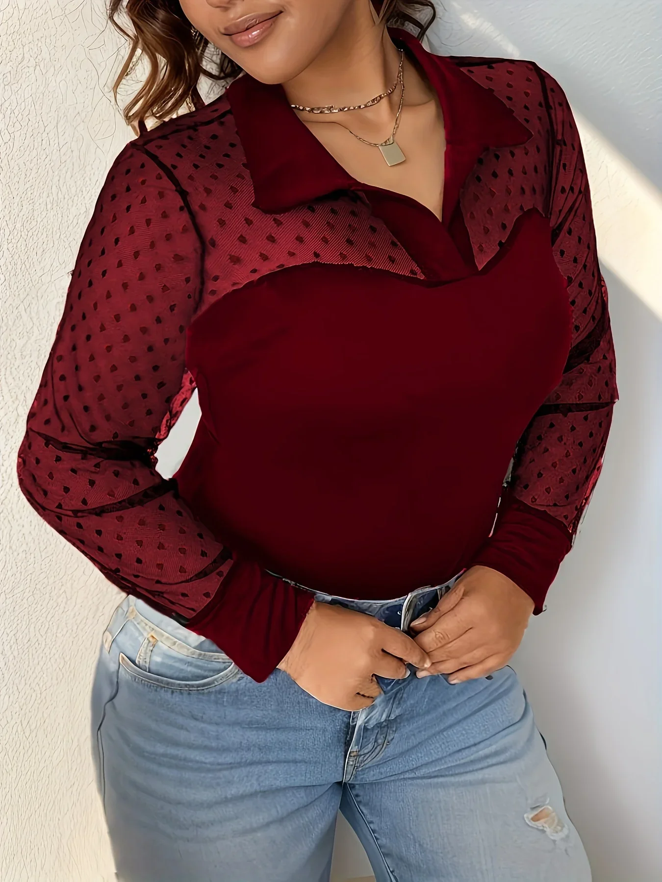 Plus Size Swiss Dot Mesh Stitching Blouse, elegancki top z kołnierzykiem i długim rękawem na wiosnę i jesień, odzież damska w dużych rozmiarach