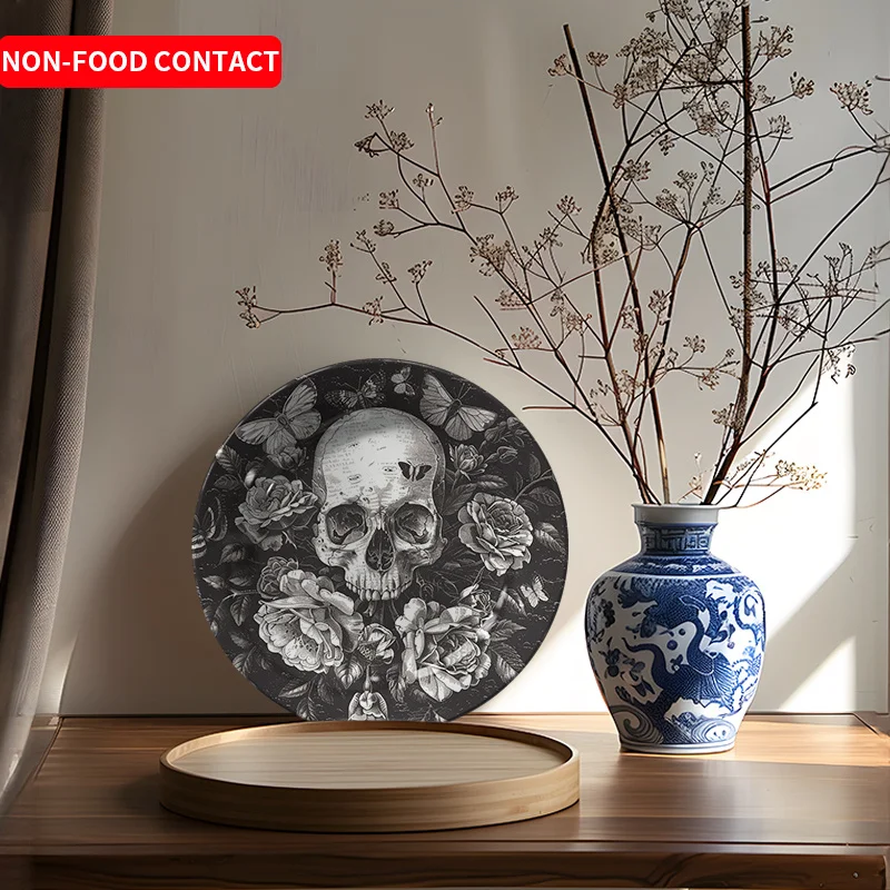 1pcGothic Style Ceramic Decorative Plate Skull and Roses Round Wall Art Display Non-Food Contact Home DecorFor home, living