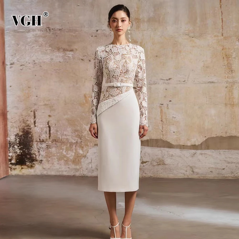 

VGH Solid Elegant Spliced Lace Slimming Dresses For Women Round Neck Long Sleeve High Waist Temperament Dress Female Fashion New