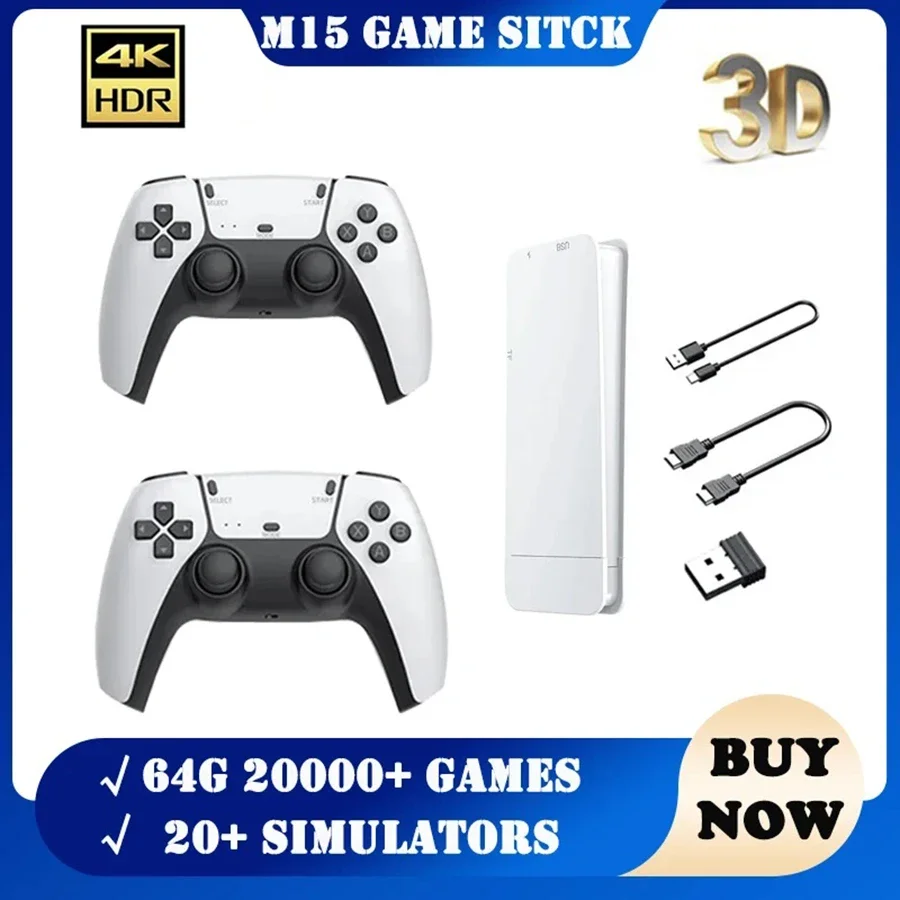 

M15 Game Stick Mini TV Портативная игровая консоль Беспроводные геймпады Видеоигра 64G 20000+ Ретро HD Выход Два игрока для PS1 и т. д.