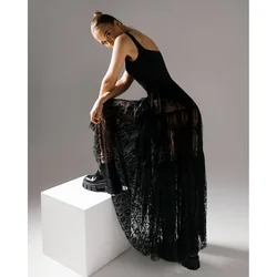 Deeptown-faldas largas negras de encaje para mujer, faldas elegantes y sexys transparentes, faldas lisas sueltas de cintura alta, moda europea y americana, 2024