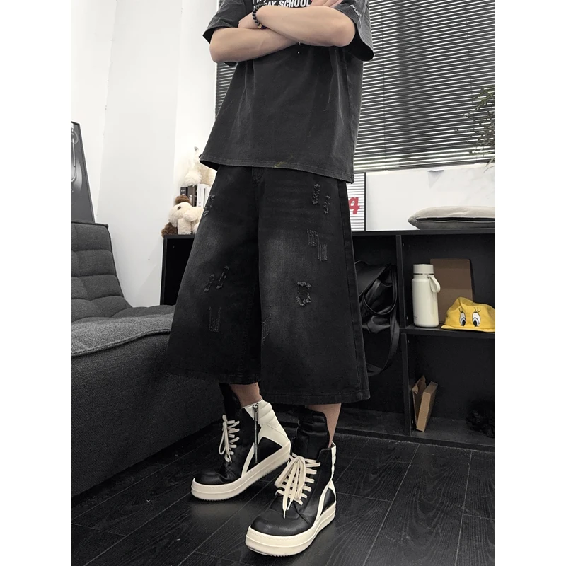 

Унисекс джинсовые шорты-бриджи в американском уличном стиле, свободные, прямые, рваные, с эффектом потертости, летние, повседневные, для уличной моды