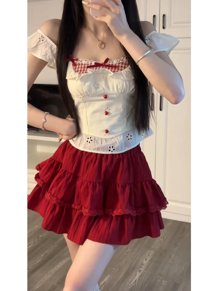 

Sweet Vintage Cottagecore Two Piece Set Women Ruffle Crop Top and Tiered Skirt with Gingham Trim Bow Lace Details Summer Outfit