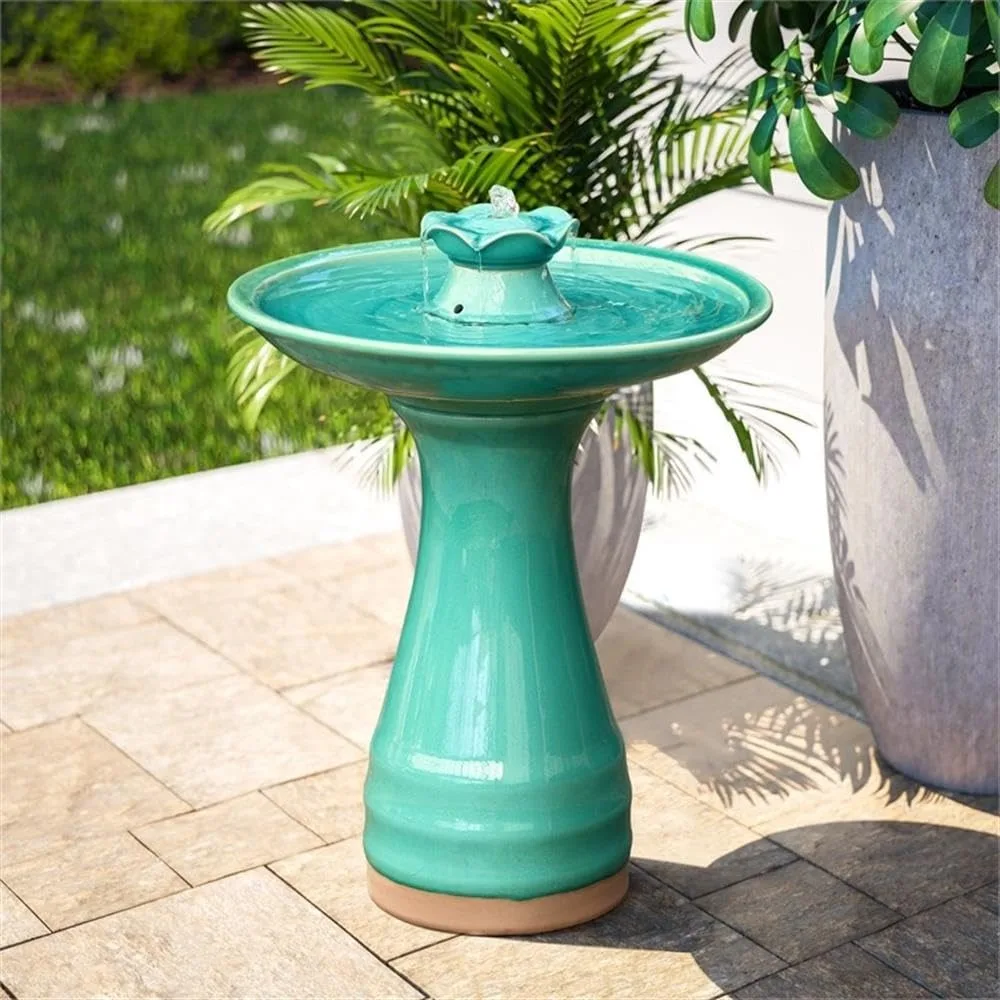 22 Inch Ceramic Bird Bath Fountain, Elegant Glazed Outdoor Water Feature with Lotus Design, Freestanding, Customized