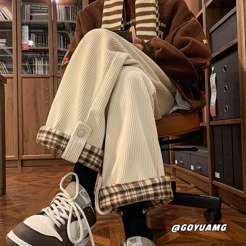 Corduroy Thick Classic Pants Women Plaid Patchwork Warm Trousers Fashion Casual Straight Winter Lace Up Vintage Wide Leg Pants