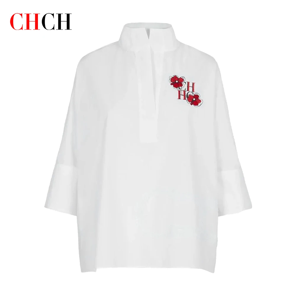 CHCH New 2024 Summer White Blouse 100% Cotton Elegant Temperament office Shirts Women Short Sleeve Casual Tops Solid Blusas