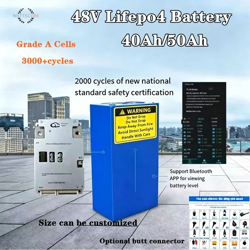 48V 40Ah 50Ah Lifepo4 Lithium Battery Pack 16S with 50A 80A Bluetooth BMS APP for 2000W Electric Scooter Bike Tricycle Boat Go-K