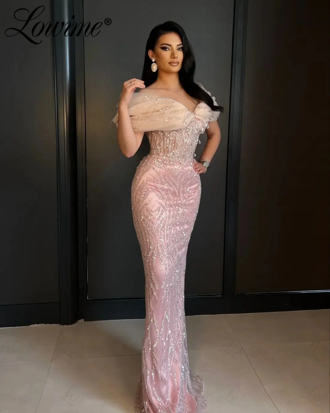 Pink Off Shoulder Party Dress Vestidos De Noche Mermaid Long Prom Dresses Beaded Arabic Elegant Evening Dresses For Women 2023